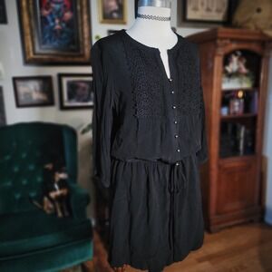Love 21 Mini Dress Black Crochet Lace Trim Long Sleeve Boho Goth Casual Womens S